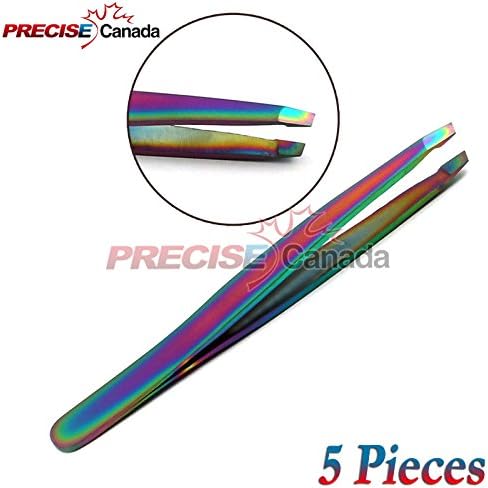 PRECISE CANADA: SET OF 5 MULTI TITANIUM COLOR RAINBOW EYEBROW TWEEZERS SLANT TIP STAINLESS STEEL