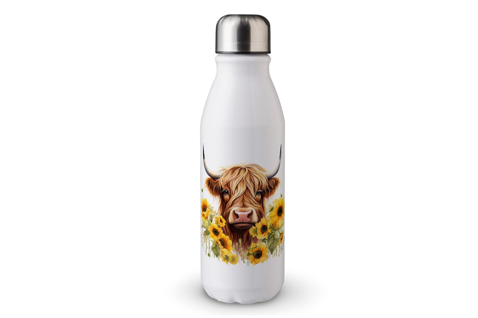 MAXIKIWI - Single Wall Water Drinking Bottle with Screw Cap, Non Insulated Lightweight Aluminium, BPA Free, Leak-Proof - Highland Cow with Sunflowers - 500ml