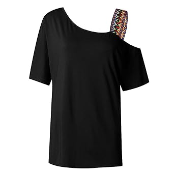 2-in-1 Tops Damen Rovinci Sommer Kalte Schulter T-Shirt Einfarbig Patchwork Top Fledermaus Kurzarm Oberteile Schiefe Kragen B