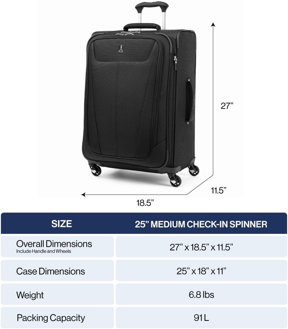 Travelpro Maxlite 5 Softside Expandable Luggage with 4 Spinner Wheels, Lightweight Suitcase, Men and Women, Black, Checked-Medium 25-Inch