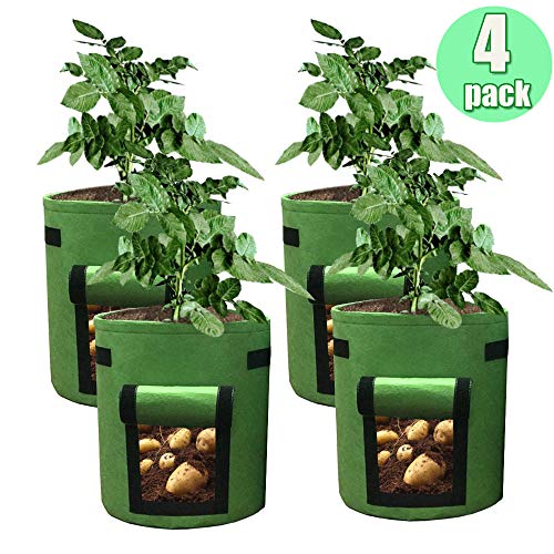HAHOME 4 Pack 7 Gallon Potato Grow Bag, Garden Planting Bags,Vegetables Planter Bags, Non-Woven Aeration Fabric Pot Growing Bags with Handle and Access Flap, Green