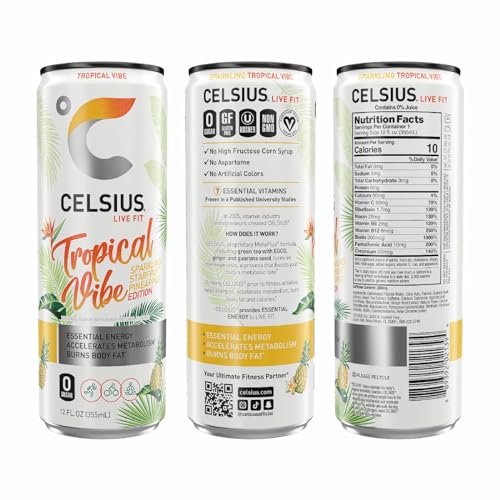 CELSIUS SPARKLING TROPICAL VIBE, FUNCTIONAL ESSENTIAL ENERGY DRINK, 12 FL OZ
