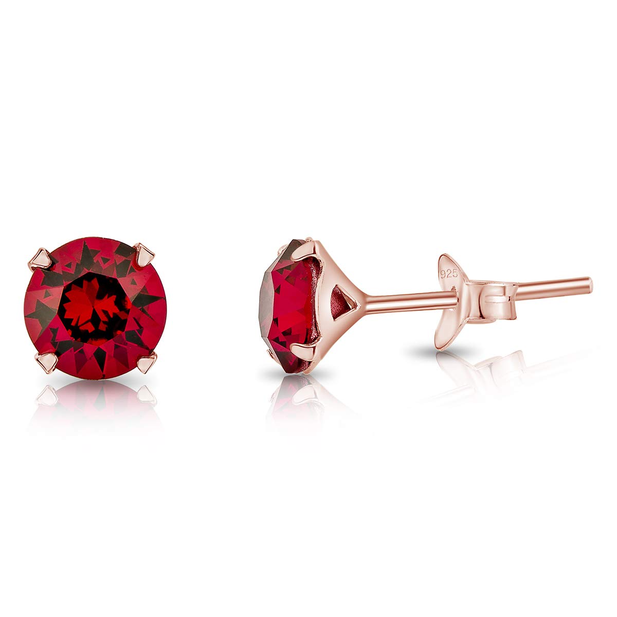 DTPSilver - 925 Sterling Silver Rose Gold Plated Round Stud Earrings made with Glittering Crystals from Swarovski® Elements - Diameter: 6 mm - Colour : Ruby