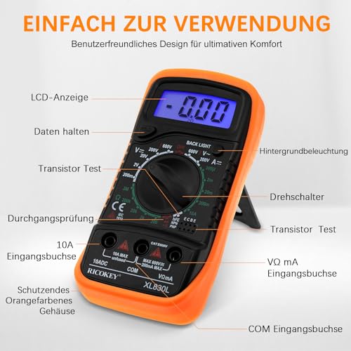 Digital Multimeter Voltmeter Battery Tester Voltage Tester Continuity Tester Ohm Volt Ampere Meter AC/DC Voltage Current Resistance Diode Transistor, Large LCD Display and Backlight