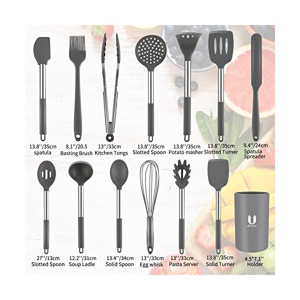Uarter Kitchen Utensil Set 24pcs Silicone Cooking Utensils for Cooking and Baking, Heat Resistant and Nonstick Spoon, Turners, Tongs, Whisk, Potato Masher, 10pcs Hooks Kitchen Tool Gadgets (Gray)