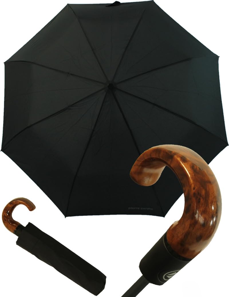 Pierre Cardin Parapluie pliant pour homme - Ouverture et fermeture automatiques - Poignée bois - Noir 30 cm