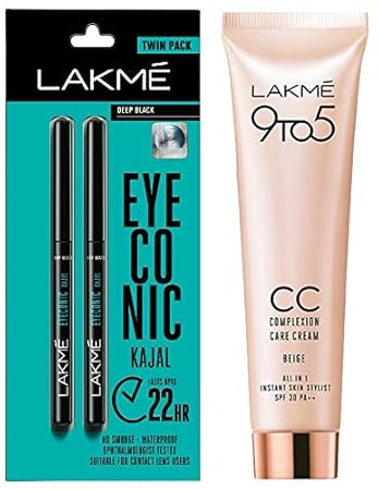 Lakme Eyeconic Kajal Twin Pack, Black, 0.35g with 0.35g & Lakme 9 to 5 Complexion Care Face Cream, Beige, 30g