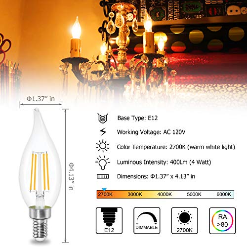 Sailstar Dimmable Candelabra LED Bulbs, 40W Equivalent, 4 Watt Warm White 2700K, Edison Chandelier Light Bulb, E12 Base Filament Flame Tip, 400 Lumen, 6 Pack
