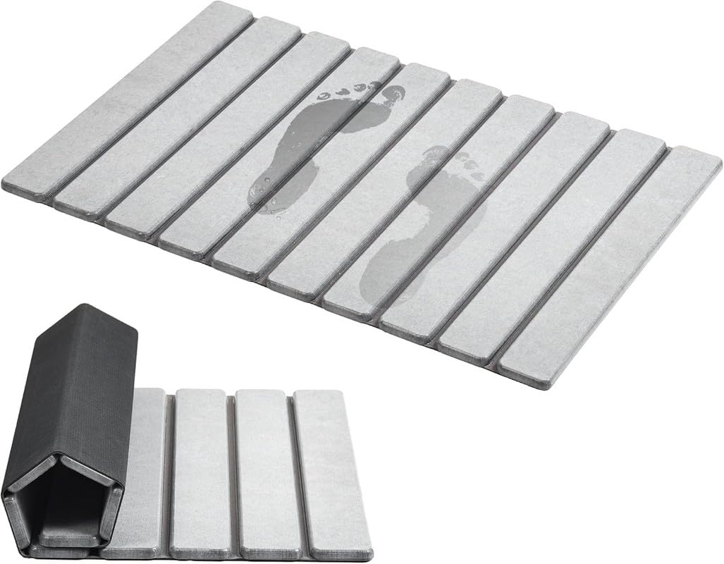 AWW Foldable Stone Bath Mat, Quick Dry Diatomaceous Earth Bath Mat with Non-Slip Mat, Super Absorbent, Easy to Clean, Compact for Small Bathrooms, 23.6 x 15.5, Light Grey