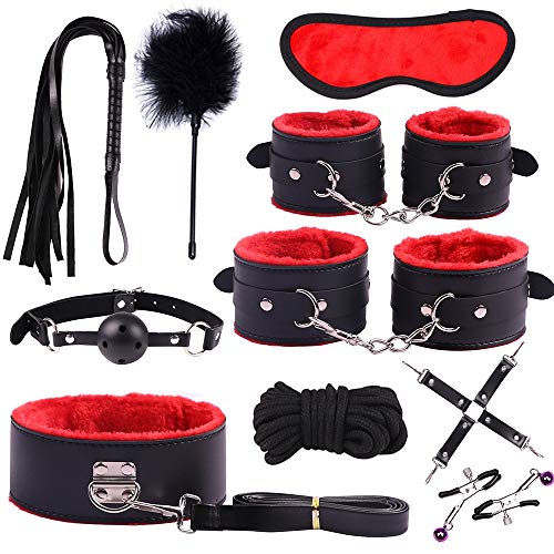 happinesssale Bundled Binding Set Red Yoga Long Leather 10Pcs Warm Winter Gear Sēx Kit Hāndcuff Whip Blindfold SM Cosplay Queen Suit Rëštrâîňtš for Partner Fun Toy Passionate Moment