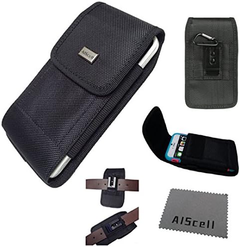 Huawei PRONTO / SnapTo (H891L) LTE Pouch Case Holster ~ PLUS SIZE XL Large Premium Black Canvas Nylon Extended Heavy Duty Horizontal / Vertical Holster Velcro Pouch W/Fixed Belt Clip + Carabiner D Ring Hook + AIScell Cleaning Cloth { Fits phone+Hybrid Kickstand / Dual Layer Protective Cover / Snap On Hard Case }