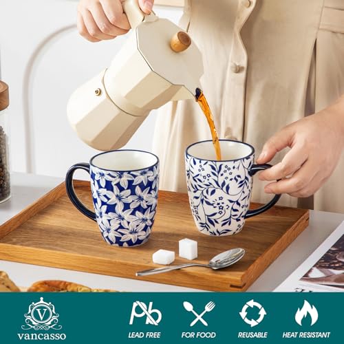 vancasso 12 oz Selene Ceramic Mugs Set of 6, 360 ml Small Vintage Blue-and-White Coffee Cups for Tea, Latte & Cappuccino, Drinkware Gift Set, Microwave & Dishwasher Safe