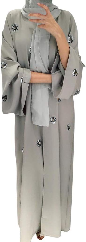Muslim Loose Ethnic Style Noble Long Robes,Women Elegant Maxi Dress Embroidery Abaya Dubai Puff sleeve Open Cardigan (L, Gray)
