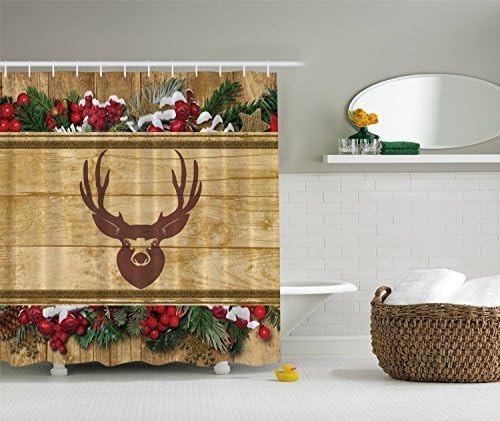 Christmas Reindeer Deer on Lodge Wall with Red Berries &amp; Holly Fabric Shower Curtain 60"x 72"Inches