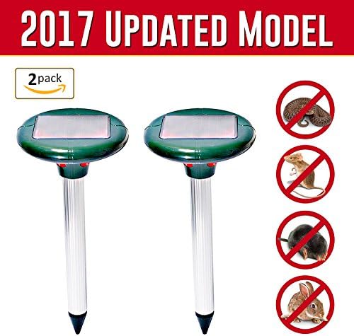 2017 Updated Model (w/ 2 red lights) Solar Powered Sonic Pest Repeller of Moles, Snakes, Gophers, Vole, Shrew. Waterproof and Child/Pet Safe for lawns or gardens. (2-Pack)