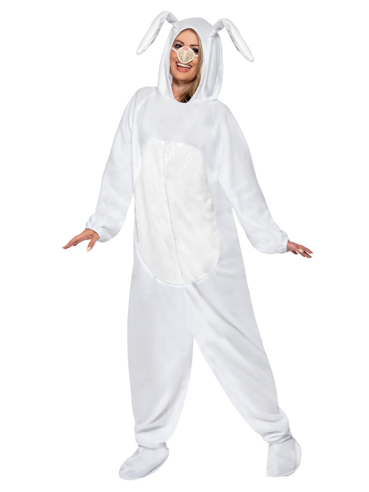 Smiffys Rabbit Costume, White All in One with Hood and Nose, Party Animals Fancy Dress, Animal Dress Up Costumes