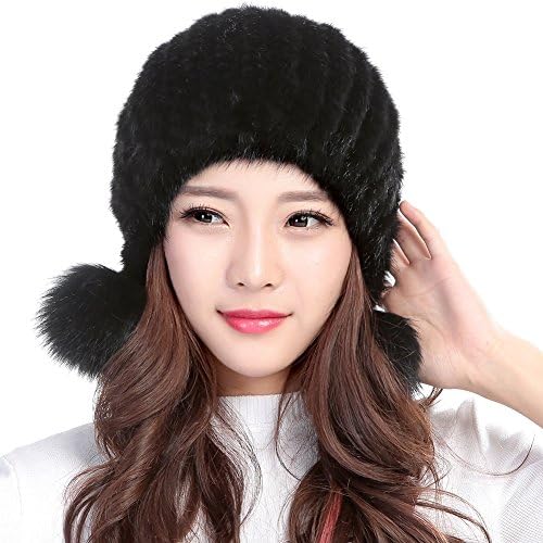Valpeak Womens Winter Hat Knitted Mink Fur Hats Fox Pom Pom