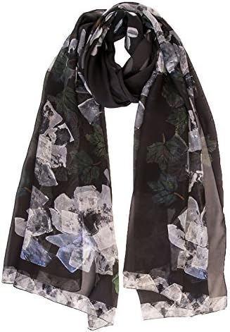 Elizabetta Womens Italian Silk Chiffon Shawl Wrap Scarf, Black &amp; White Floral