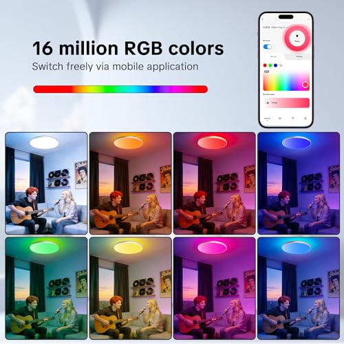 Laiebri Ceiling Light LED Ceiling Light, 24 W Diameter 30 cm, Smart RGBIC LED Kitchen Lamp with Remote Control, Works Compatible with App Control, Dimmable Lamp for Bedroom, Living Room