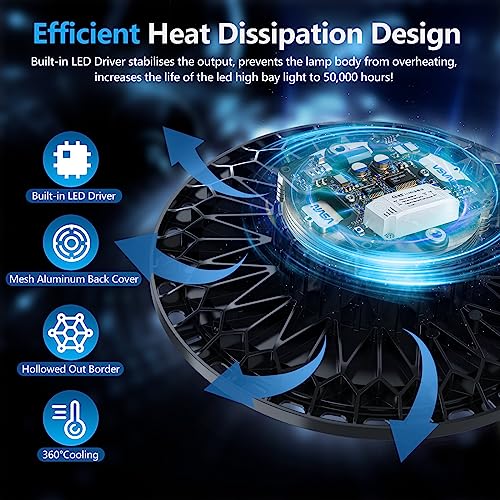 TASINUO UFO LED High Bay Lamp 100W 4PCS, 10000LM LED Bulbs Indoor Ceiling, 7000K Cool White, IP65 Waterproof Industrial LED for Garage, Warehouse, Office, Workshop