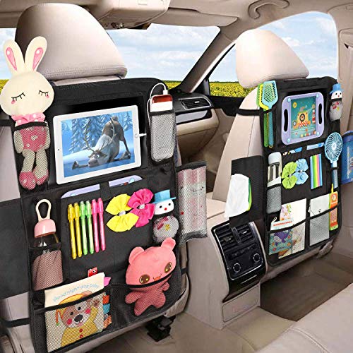 Car Back Seat Organizer - Universal Car Seat Back Protectors Kick Mats with 12 Storage Pockets Touchable Tablet Holder for Kids Baby vehicle organizer, 2 Pack Car Seat Organizers+ 2 Car Headrest Hook