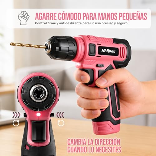 Hi-Spec Cordless Drill Driver Kit 8V and Tools - Complete Rechargeable Set with Basic Tools, Compact Case, Pink, Ideal for Home DIY