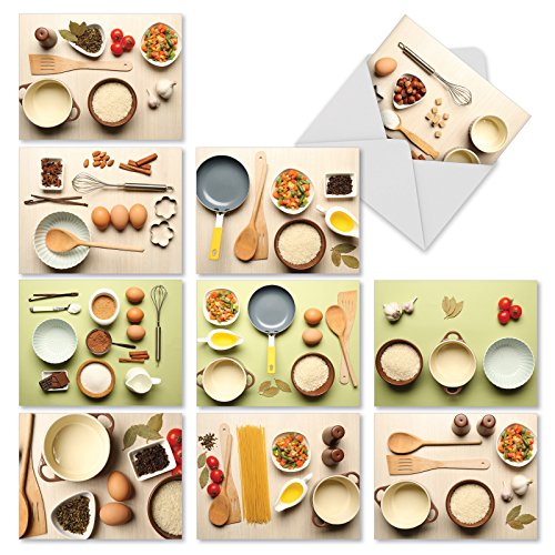 10 'Culinary Cards' Note Cards (with Envelopes), Assorted Cooking-Themed Blank Greeting Cards, All Occasion Stationery for Weddings, Birthdays, Holidays, Thank You 4 x 5.12 inch M1733BN          