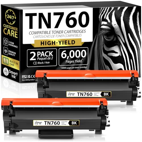 Smart Ink Compatible TN760 Toner Cartridge Replacement for Brother TN 760 TN730 2 Pack (CHIP) to use with HL-L2390DW DCP-L2550DW HL-L2350DW HL-L2370DW MFC-L2710DW HL-L2370DWXL MFC-L2730DW MFC-L2750DW