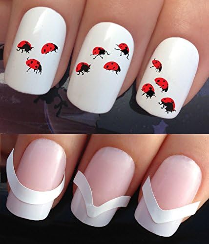WATER NAIL TRANSFERS DECALS STICKERS TATTOO ART SET #379 &amp; 172. **plus x48 nail tip guides!!** x24 SUMMER DAYS SCUTTLING LADYBIRD BUGS LADYBUGS LADY BIRD TATTOO WRAPS &amp; x48 FRENCH MANICURE TIP GUIDES! CAN BE USED WITH NATURAL GEL ACRYLIC STICK ON NAILS! OR WITH GLITTER DUST CAVIAR BEADS ALLOYS DECORATIONS CONFETTI FIMO SHAPES TAPE PENS RHINESTONES!