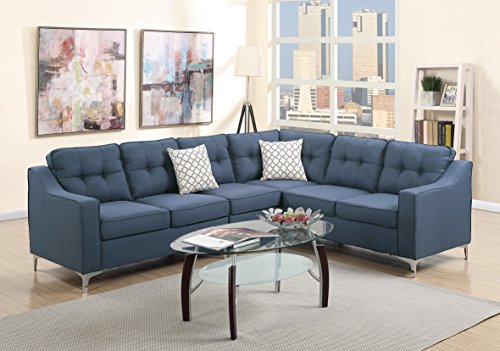 Mid-Century Modular 4pcs L-shaped Sectional Sofa Bobkona Navy Tufted Polyfiber LAF & RAF One Arm Love-seat Corner Wedge Armless Chair Living Room