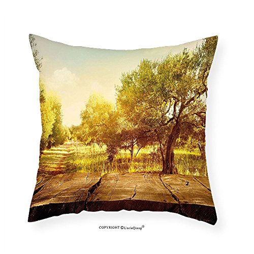VROSELV Custom Cotton Linen Pillowcase Landscape Mystic Forest Flowers Trees Farm with Wooden Deck Oil Painting Image for Bedroom Living Room Dorm Sepia Umber Peach 18"x18"