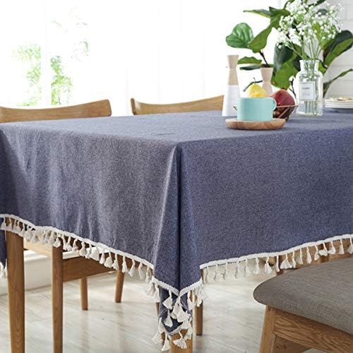 Bringsine Stitching Tassel Tablecloth Heavy Weight Cotton Linen Fabric Dust-Proof Table Cloth Cover Kitchen Dinning Tabletop Decoration (Square, 55 x 55 Inch, Blue)
