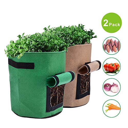 X L MAGNET Potato Grow Bags 2-Pack 7 Gallon Planter Pots Garden Bags to Grow Vegetables with Aeration Fabric Flap Handles and Window for Harvesting Fruit Flower Potato Carrot (Green & Brown)