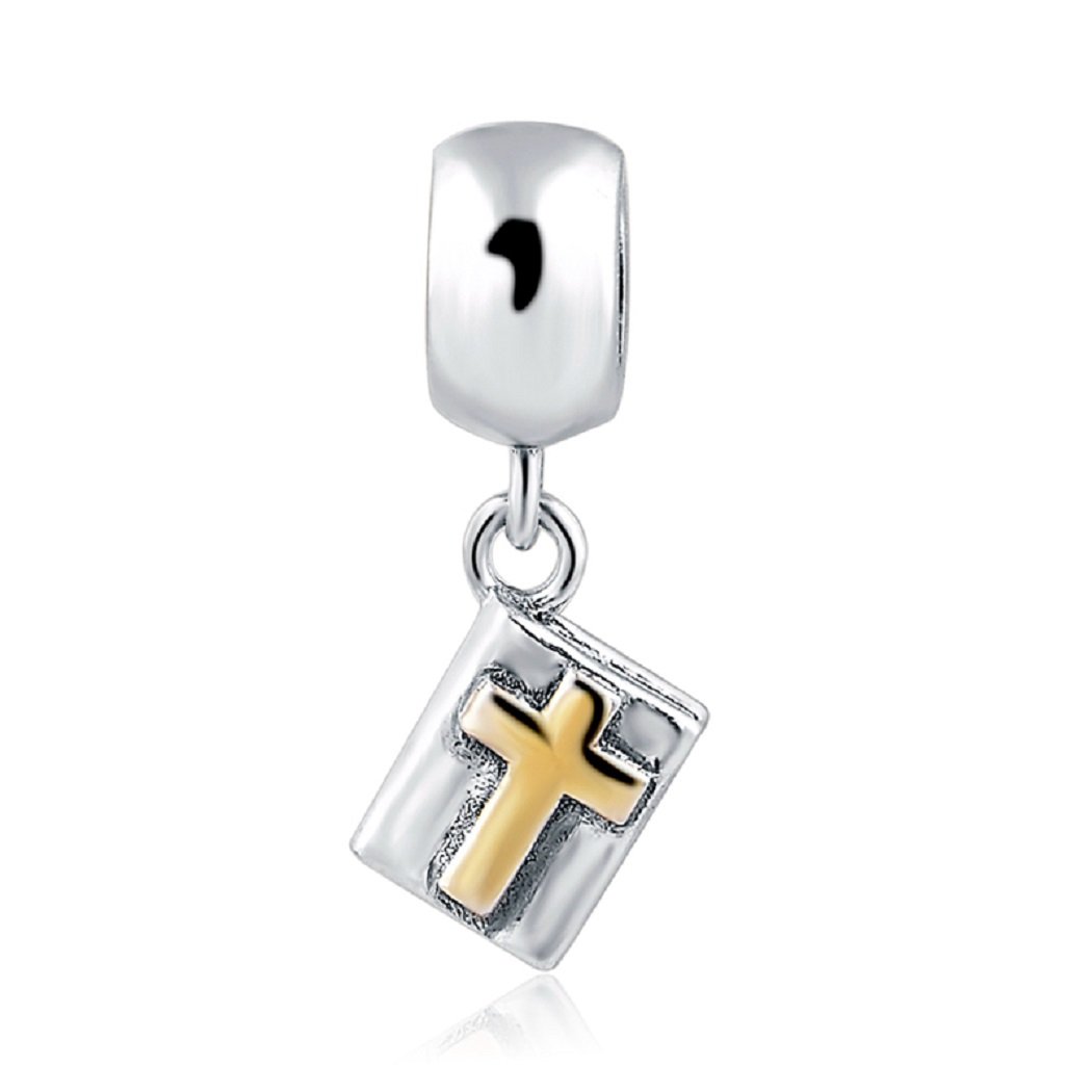 FeatherWish Gold Cross Holy Bible Charm 925 Sterling Silver Crucifix Family Love Forever Book Dangle Pendant Fits And Compatible With Pandora Bracelets Gift For Friend Wife Sister (Bible Gold Cross)
