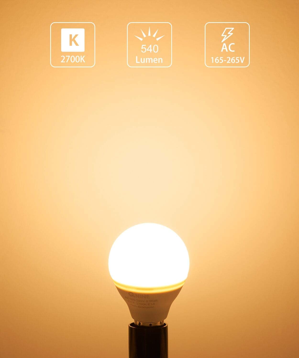 QNINE LED Light Bulb E14, 6W (60W Equivalent), 540lm Golf Ball Bulb, Small Edison Screw Bulb, 2700K Warm White, Non Dimmable, 8 Pack - Image 3