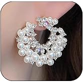 Silver Rhinestone Pearls Cluster Large Earrings for Women Fashion Sparkly Crystal Pearl Round Circle Dangle Earrings Formal Costume Big Statement Jewelry