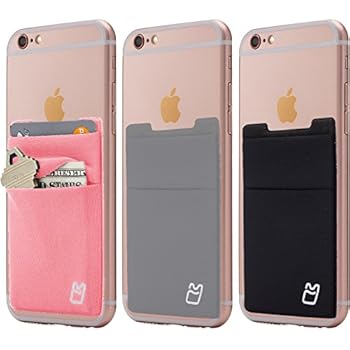 (Three) Stretchy Cell Phone Stick on Wallet Card Holder Phone Pocket for iPhone, Android and All Smartphones. (Pink&Grey&Black)