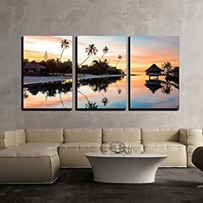 3 Piece Canvas Wall Art - Tropical Sunset at Moorea, French Polynesia - Modern Home Art Stretched and Framed Ready to Hang - 16"x24"x3 Panels