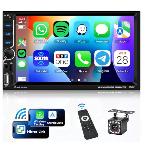 VECHTEL 2 Din Car Radio with Carplay Android Wireless Car, 7 Inch Touch Screen Bluetooth Stereo Car Radio FM Type-C/USB/TF/AUX Mirror Link SWC MIC Rear Camera Remote Control