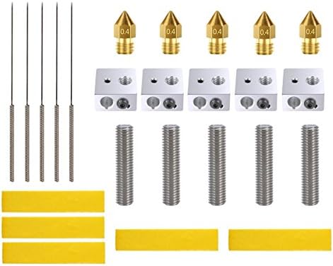 3D Printer Accessories Kit - 3D Printer Parts Include 5pcs Brass Extruder Nozzle, 5PCS Drill Bits, 5pcs 30mm Extruder M6 Tube, 5pcs Aluminum Heater Block, 5pcs Heating Block Cotton