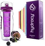 Hydracy Fruit Infuser Water Bottle - 32 oz Sports Bottle - Time Marker, Full Length Infusion Rod & Insulating Sleeve + 27 Fruit Infused Water Recipes eBook Gift - Deep Purple