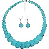 SukAmi Big Turquoise Jewelry Set Large Turquoise Earrings Necklace Set Women Summer Vacation Bib Necklace Green Choker Big Stone Necklace Gift 48CM