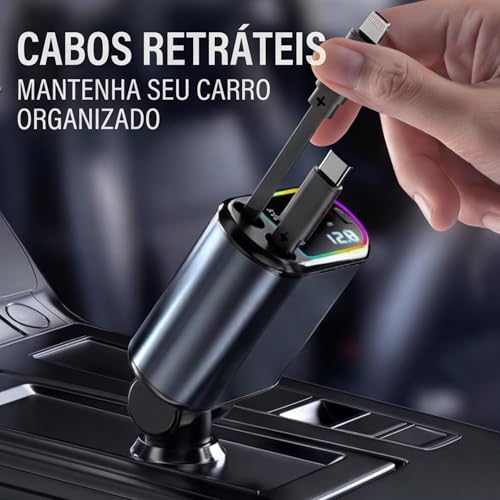Carregador Veicular Premium Retrátil 4 em 1 | Carregamento Turbo 120W com Cabos Integrados | USB e USB-C | Tela LED Digital | Compatível com Android e iPhone | 12V/24V