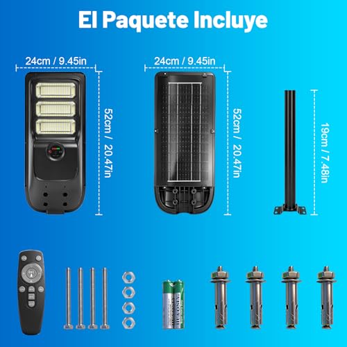 Lamparas Solares Exterior 300W, 30000LM Lampara Solar Exterior con Sensor de Movimiento, 8500K Luces Solares para Exterior de Dusk a Dawn,Adecuada Para Garaje,Carretera,Senderos,Jardín y Porche,IP66