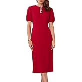 WOMLAYOUT Women's Formal Dress Puff Sleeve Wedding Guest Cocktail Keyhole Neck Midi Pencil Sheath Dresses