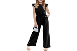 CharmWM Girls Casual Jumpsuit Kids Fashion Cap Sleeve Belted Wide Leg Romper One Piece Outfits with Pockets