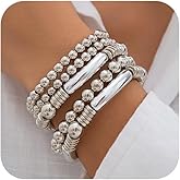 Dainty Gold Stack Stretch Bracelets Set for Women 5Pcs Silver Elastic Round Balls Beaded Bangles Vintage Tube Bracelet Stackable Hand Jewelry Set