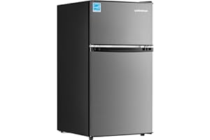 Upstreman 3.1 Cu.Ft Mini Fridge with Freezer, Double Door Small Fridge, Dorm Essentials, Adjustable Thermostat, Energy Saving, Mini Refrigerator for Office, Dorm,Bedroom, Stainless