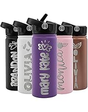 Personalized Kids Water Bottle for School w Name & 36 ICON Free Engraving! & Straw, Custom Water Bottle for Children, BPA Free - Non Sweat - Double Wall Insulated | 18 oz - 9 Color | Vacuum Insulated