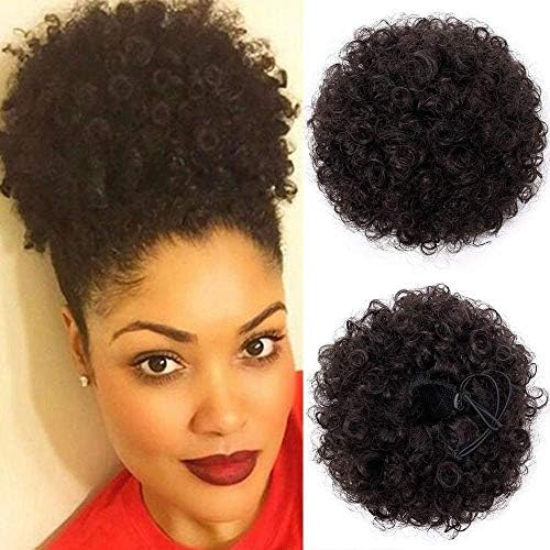 Difunee Drawstring Afro Puff Ponytails for Black Women Synthetic Curly Hair Ponytails African American Short Afro Buns Kinky Curly Wrap Hair Extensions Wig with 2 Clips (#4)